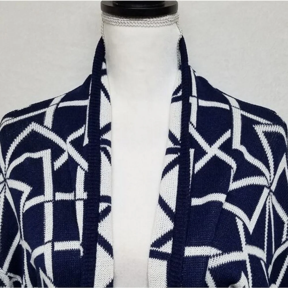 60s Vintage Dalton Blue White Geometric Print Union ILGWU Open Front Cardigan M